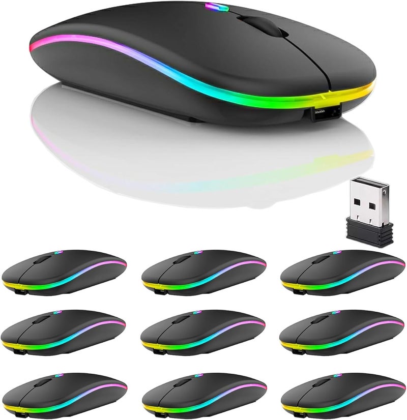 Guiheng 10 Pack Wireless Bluetooth Mouse,LED Dual Mode Rechargeable Silent Slim Laptop Mouse,Portable(BT5.2+USB Receiver) Dual Mode Computer Mice,for Laptop,Desktop Computer,ipad Tablet,Phone,TV (Black) - Image 1